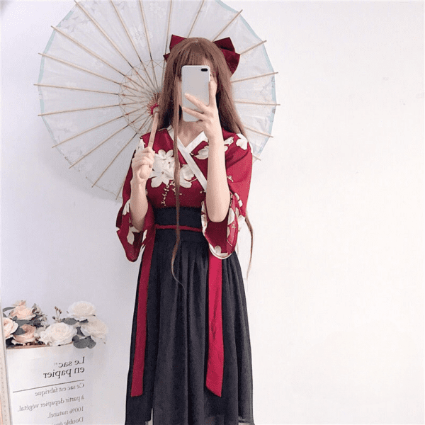 花間長裙套裝 | 紅黑交領-改良女裝漢服